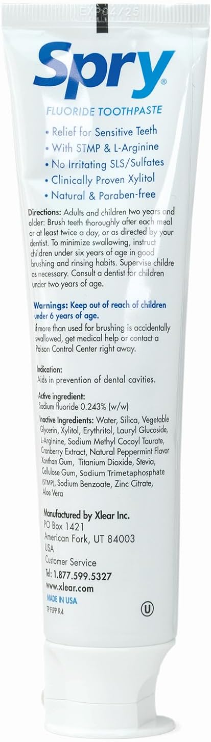 Spry Natural Xylitol Toothpaste 5oz for Adults and Kids with Fluoride, Gentle for Sensitive Teeth Whitening and Remineralizing, Breath Freshening, Mouth Moisturizing, Peppermint (Pack of 1)