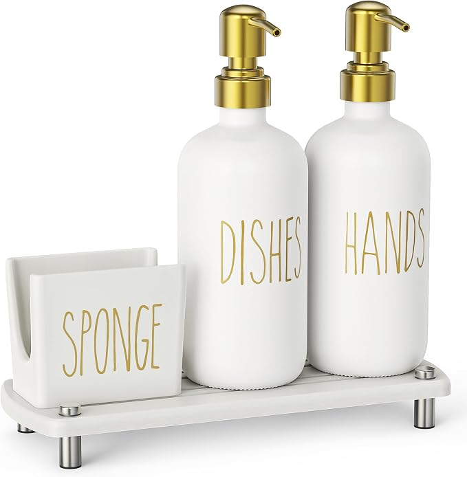 Cisily Kitchen Soap Dispenser Set Comes with Ceramics Sponge Holder, Gold Pumps, and Instant Dry Tray, Hand and Dish Soap Dispenser Set, Kitchen Decor and Accessories for Countertop Organizer