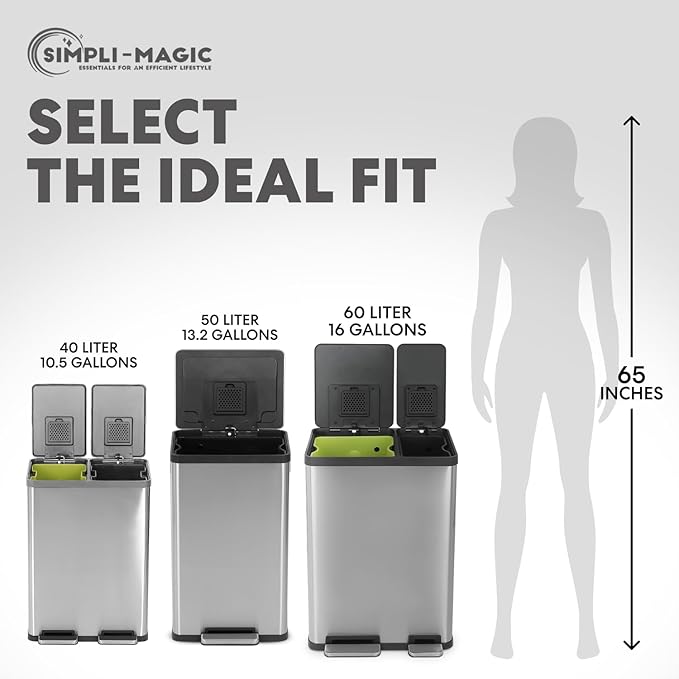 60 Liter / 16 Gallon Rectangular Hands-Free Dual Compartment Recycling Kitchen Step Trash Can with Soft-Close Lid, Brushed Stainless Steel (38L x 22L Capacity)