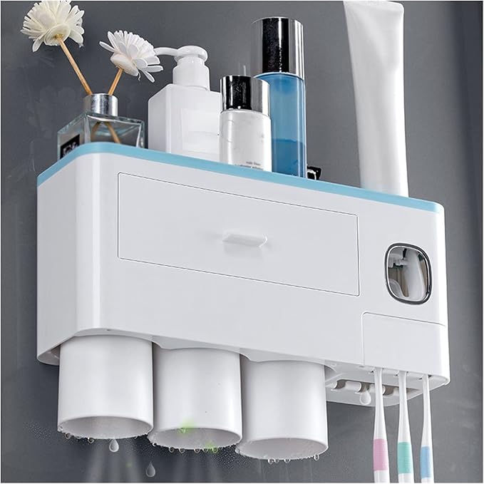 Toothbrush Rack Home Toothbrush Holder Wall Mounted Bathroom Organizer, Toothbrush Holder with Toothpaste Dispenser and Cups Bathroom Toothbrush Holder(A)