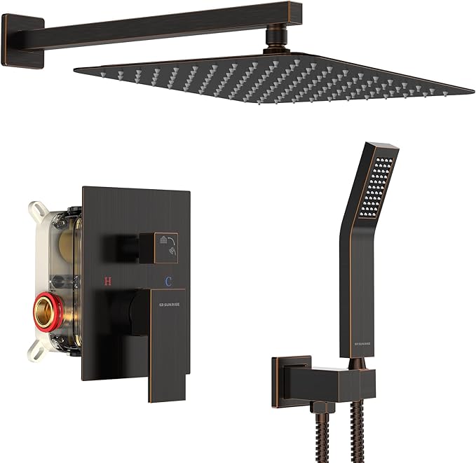 SR SUN RISE Oil Rubbed Bronze Shower System 12 Inches Brass Bathroom Luxury Rain Mixer Shower Combo Set Wall Mounted Rainfall Shower Head System Shower Faucet Rough-in Valve Body and Trim Included