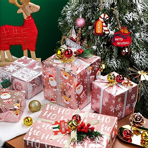 WRAPAHOLIC 30 Inch Christmas Wrapping Paper Roll - Jumbo Roll Rose Gold Santa, Snowflakes and Reindeer Holiday Collection with Metallic Foil Shine - 4 Rolls - 30 Inch x 120 Inch Per Roll