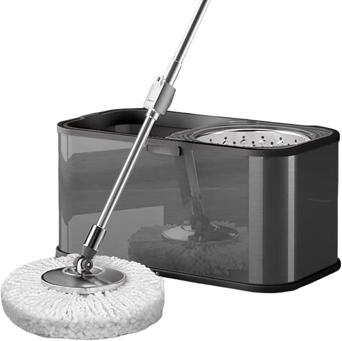 Stainless Steel Spin Mop Bucket Set with 5 Microfiber Mop Heads (Black) | 360° rotating mop head, adjustable handle, rolling wheels, cleans tile, hardwood & laminate floors