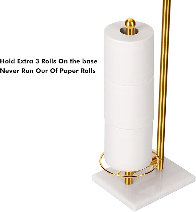 Toilet Paper Holder with Tray At the Top, Sturdy Marble Base No Wobby, Holding Extra 3 Toilet Paper Rolls As Spare Use, Freestanding No Drilling (Gold)
