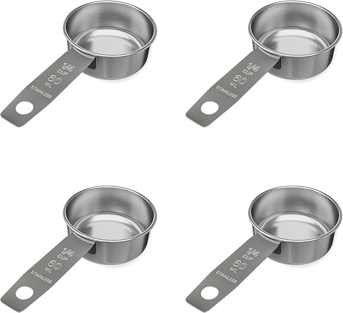 1/4 Cup Stainless Steel Measuring Cup | Sturdy Metal 60 ml | 60 cc | 2 oz | Single Cup for Wet and Dry Ingredients | Great for use as 1/4 Cup Dog Food Scoop - 4 PK