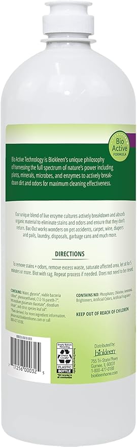 Biokleen Bac-Out Stain+Odor Remover, Destroys Stains & Odors Safely, for Pet Urine, Laundry, Diapers, Wine, Carpets, & More, Eco-Friendly, Non-Toxic, Plant-Based, 32 Ounces