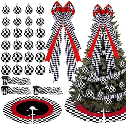 Sosation 29 Pcs Black White Checkered Christmas Tree Decor Complete Set