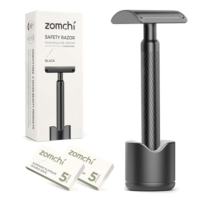 Double Edge Safety Razor with Stand, Version 2.0 Includes 10 Blades | Modern matte black finish with a sleek appearance that helps reduce visible fingerprints.