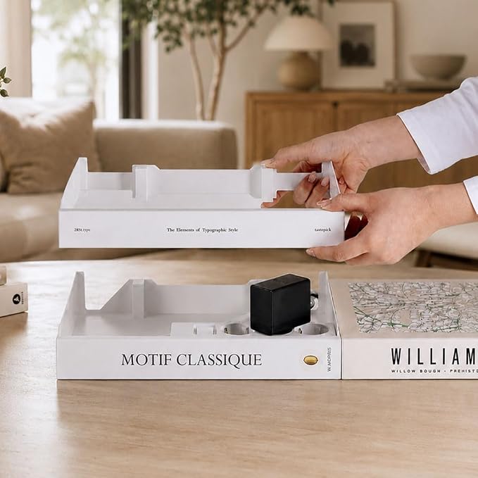 Book Shape Decorative Cable Management Box - Expandable Cable Organizer Box with Magnetic Closure for Home & Office (William Morris, Large Set)