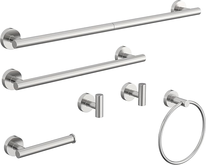 6 Pcs Brushed Nickel Bathroom Accessories Hardware Set SUS304 Stainless Steel Hand Towel Bar Toilet Paper Holder Towel Ring Robe Towel Hooks Wall Mounted by HOMEMYSTIQUE