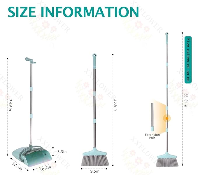 XXXFLOWER Broom and Dustpan Set with Cleaning Teeth+Self-Wringing Twist Mop for Floor Cleaning, 57” Long Handle Heavy Duty Microfiber Mop for Wet Mopping on Tile, Hardwood, Kitchen, Bathroom