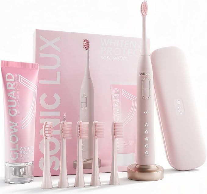 Sonic Lux™ Pink Electric Toothbrush for Adults – Luxury Rechargeable Sonic Electric Toothbrush with Travel Case with GlowGuard Nano-Hydroxyapatite Whitening Toothpaste & 6 Brush Heads