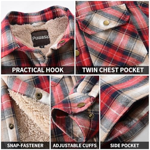 Men's Sherpa Cotton Flannel Shirt Jacket Plaid Button Coat Pocket