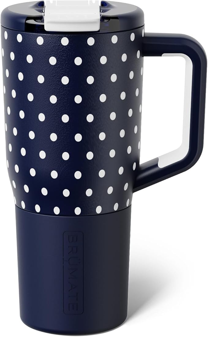 BrüMate Müv - 25oz 100% Leak Proof Insulated Coffee Mug with Handle & Lid - Stainless Steel Coffee Travel Mug - Double Walled Coffee Cup (Navy Polka Dots)