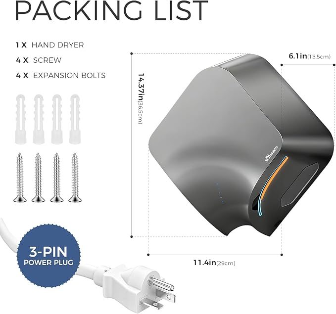Dual-Sided Commercial Hand Dryer with HEPA Filter, 1100W High-Speed Electric Air Dryer for Bathroom, Smart Sensor Activation, Low Noise Anti-Theft Design for Public Restrooms, 110V Plug in Version