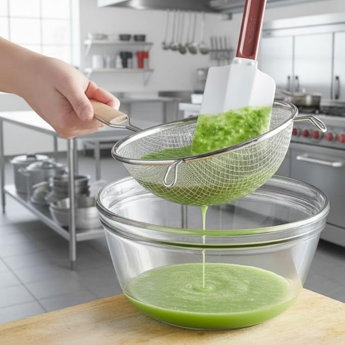 Soro Essentials- 8" Double Tinned Coarse Mesh Strainer with Pan Hooks Wooden Handle- Food Sieve Strainer Kitchen Mesh Strainer Utensil for Cooking Rice Quinoa Pasta Fruits Vegetable Home Kitchen
