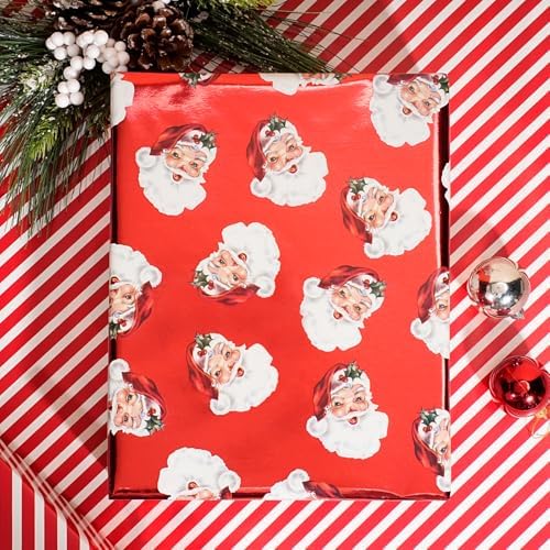 LaRibbons Vintage Santa Foil Christmas Wrapping Paper, Candy Cane Stripe