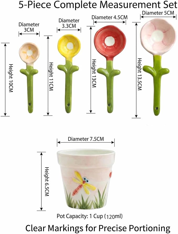 5pcs Ceramic Flower Pot Measuring Spoons and Cup Set, Cute Measuring Cups and Spoons Set for Milk Powder Sugar Salt Wet Dry Ingredients(Pink+blue2set)