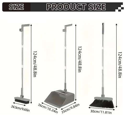 Broom and Dust Pan, Broom and Dustpan Set with Push Brooms, Self-Cleaning Comb & Space-Saving Design for Indoor Outdoor Cleaning (Grey)