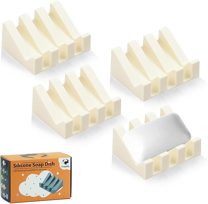 Self Draining Soap Dish Holder,Silicone Soap Dish,for Bathroom,Kitchen, Sponges，Can Extend Soap Life，Keep Soap Bars Dry and Easy Cleaning (Cream White,4-Pack)