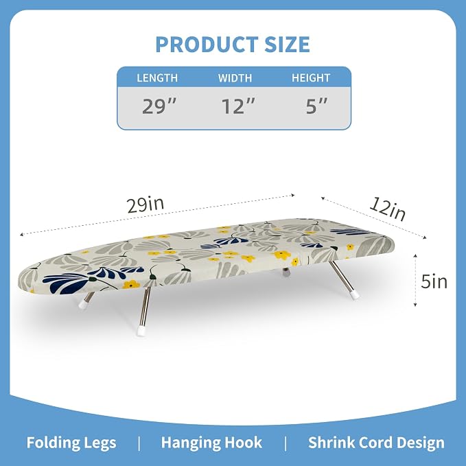 Tabletop Ironing Board 12"x29" – Portable Folding Ironing Board with Thick Felt Padding, Heat-Resistant Cover, Stainless Steel Legs, Compact & Space-Saving Design (Dandelion)