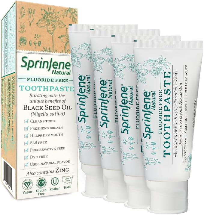 SprinJene Natural Toothpaste – Fluoride Free Clove & Mint Toothpaste for Healthy Gums & Fresh Breath – Gum Care with Patented Black Seed Oil & Zinc – Made in the USA (4 Pack)