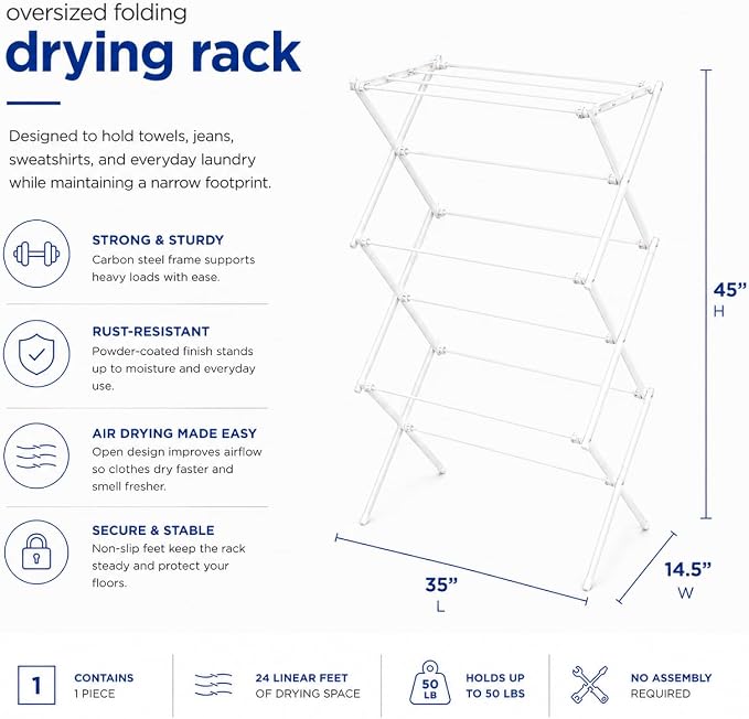 Honey-Can-Do Oversized Clothes Drying Rack, 35" Wide, 50 lb, White | Extra-wide 35" family-size rack holds 50 lb of wet laundry. Rust-resistant steel folds flat; indoor or outdoor use.