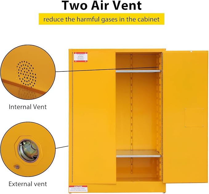 Flammable Storage Cabinet 43" x 18" x 65", 45 Gallon Galvanized Steel Flammable Liquid Storage Locker with 2 Adjustable Shelves & Manual-Close Doors, OSHA Compliant Industrial Hazardous Storage, Yell
