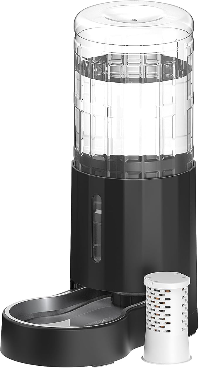 CZPET 2.5 Gallon Dog Water Bowl Dispenser with Filter (9.5L,Black) | With Stainless Steel Bowl Gravity Waterer, Large Capacity and Drinking Area Noise-Free for Pets