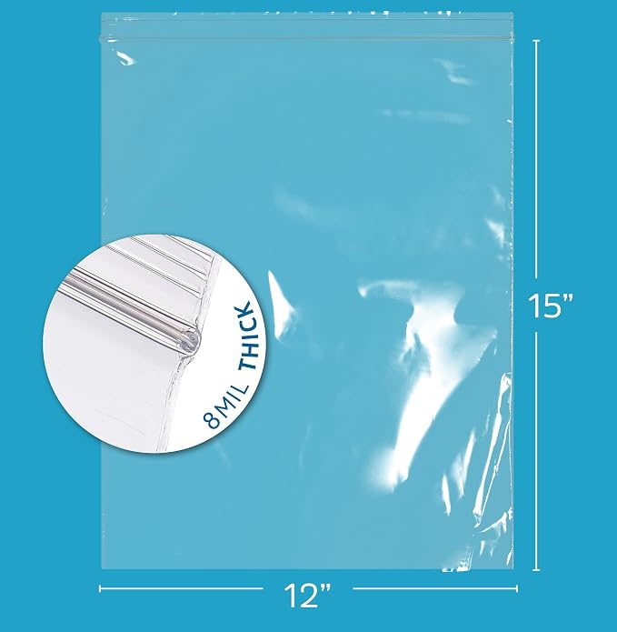 GPI - 12" x 15" Ultra Heavy-Duty Zip Bags, Large 8 Mil Thick Reclosable Puncture-Resistant Plastic Zipper Baggies, Resealable Poly Zip Top Bag for Construction, Tools & Sharp Objects. 50 Count