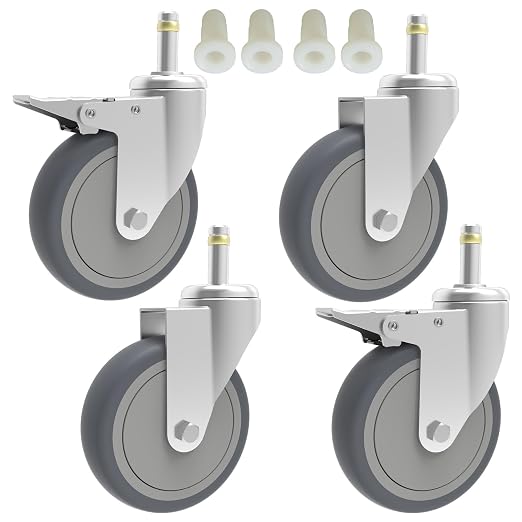 RILIDRI 4-Inch Swivel Stem Caster, 7/16-Inch Stem Diameter Rubber Wheel, Heavy Duty TPR Replacement Wheels for Rubbermaid Mop Bucket Cart Grill Casters - 4 Pack (2 Brakes 2 Swivel)