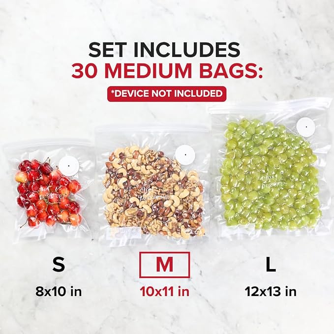 Chef Preserve Reusable Vacuum Sealer Bags for Food - 30 BPA-Free Medium (10 x 11 in) Food Storage Bags, Freezer, Microwave - Odor-Resistant, Leak-Proof - Compatible with Chef Preserve Vacuum Sealers