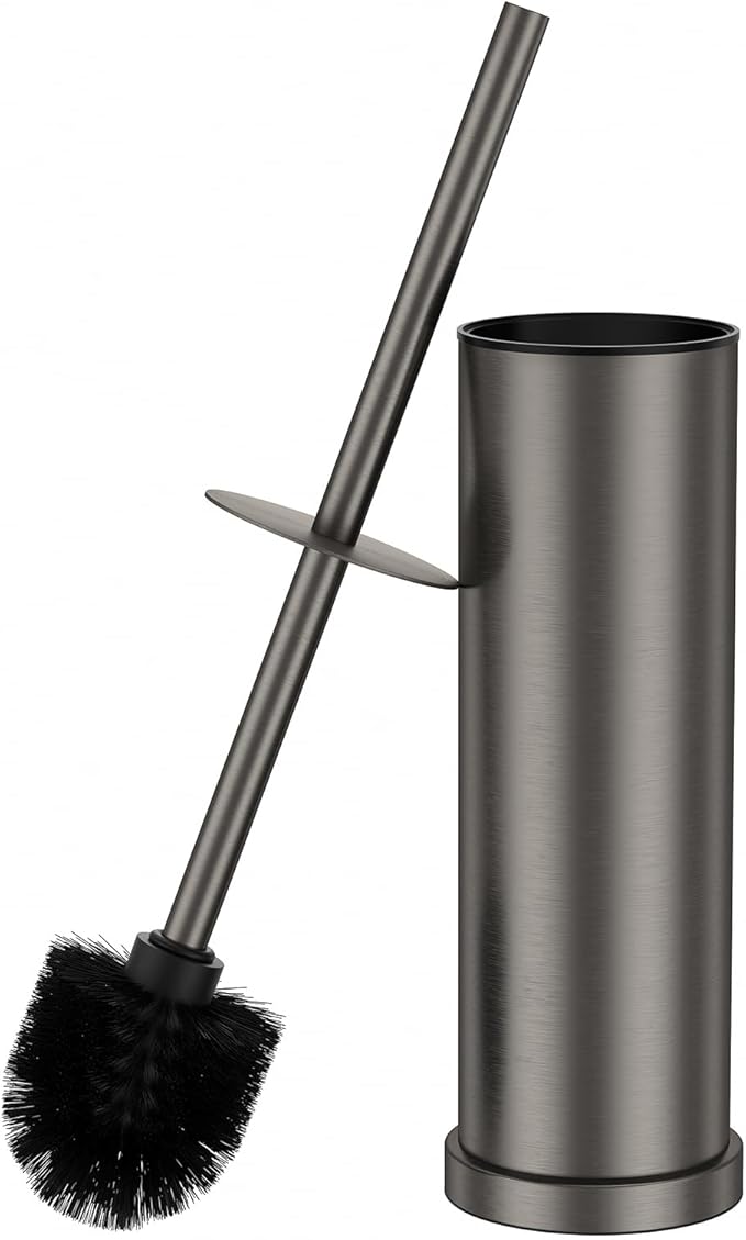 Pewter Toilet Brush and Holder Set，Stainless Steel Heavy Duty Toilet Bowl Brush，Extra Long Handled Modern Toilet Cleaner Brush with Replaceable Head, Removable Inner Bowl, and Splash Protection