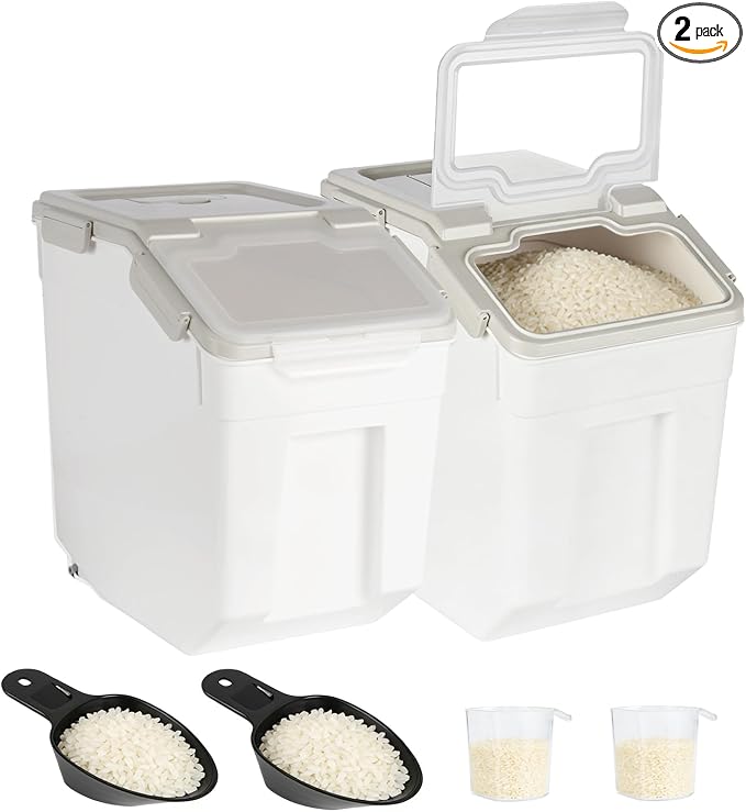 2 Pack Rice Container 50 lbs Large Bulk Flour Sugar Storage Holdhouse Plastic Grain Cereal Dry Goods Bin with Spoon and Measuring Cup for Kitchen Pantry Organization - Grey