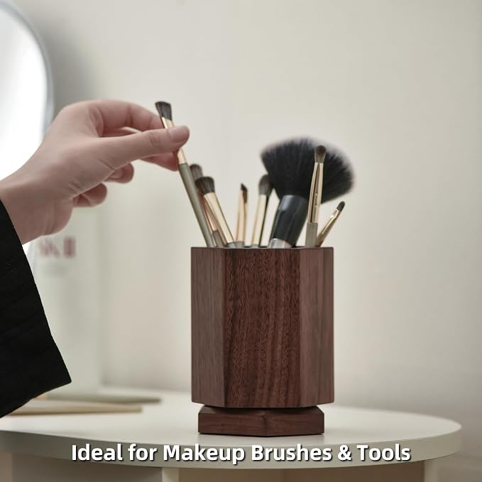 Black Walnut Hexagonal Makeup Brush Holder Makeup Organizer for Vanity 360 Rotating Organizer for Cosmetic Brush & Pen Organizer, Pens Holder, Stationery & Kitchen Utensils Solid Wood