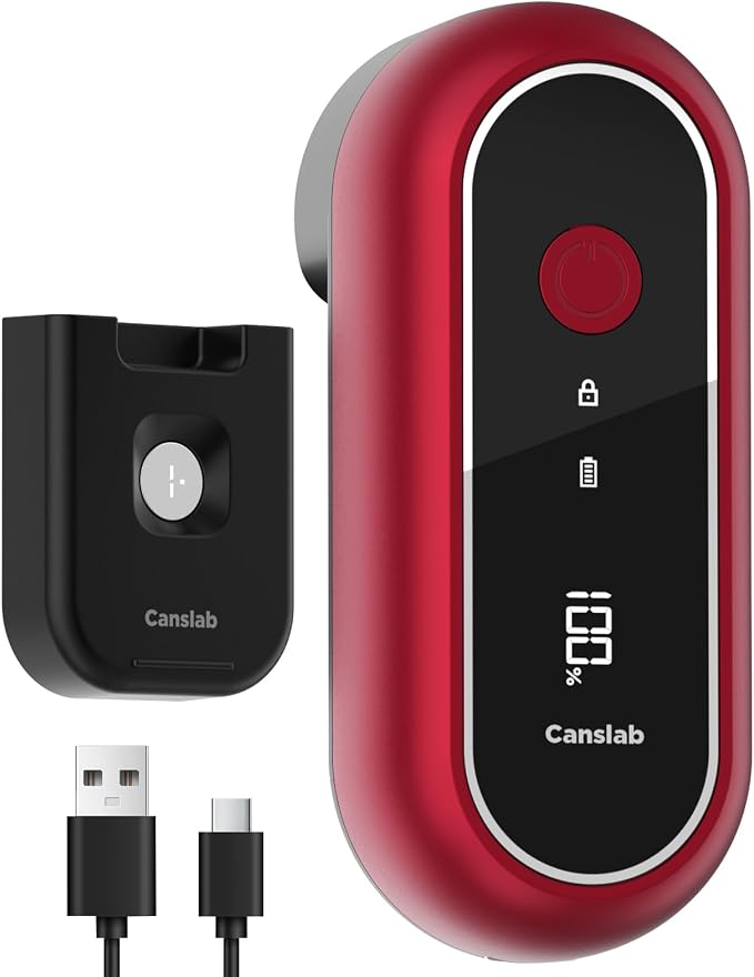Canslab Turbo Rechargeable Electric Can Opener, LED Battery Life Display | Smart Auto Stop Can Opener for Seniors, Safe Touchable Smooth Edge, One Touch Hands-free Operation, Wall-mountable, Red