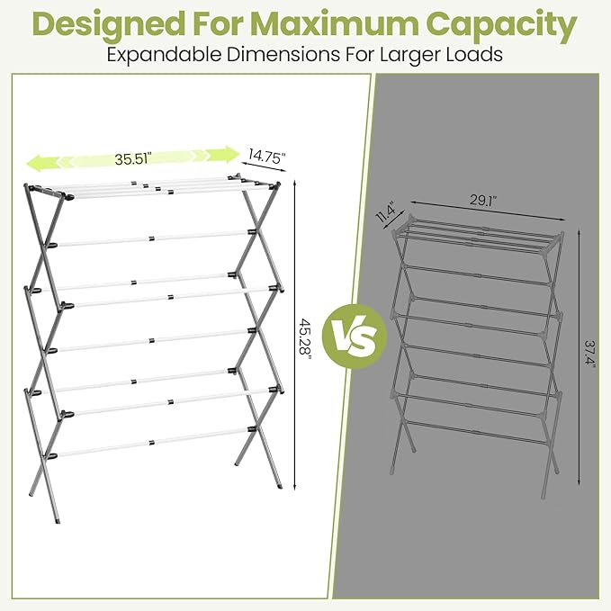 APEXCHASER 3-Tier Foldable Clothes Drying Rack, Metal Expandable Laundry Rack, 45.28" Height, Adjustable Width 24.76-35.51", Space Saving, Indoor Outdoor Use for Laundry, Towels, Shoes, Grey White