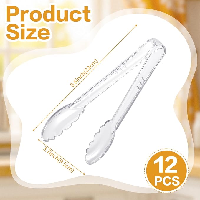 Mwellewm 12 Pc Serving Tongs 9 Inch Bulk Reusable or Disposable Plastic Tongs Heavy Duty Hard Plastic Serving Utensils Set Large Salad Tong for Kitchen Party Food Buffet Appetizer Catering (Clear）