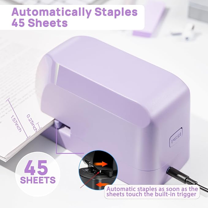 Electric Stapler for Desk Value Pack, 45 Sheet Capacity, Includes 1500 Staples & Staple Remover, No-Jam, Faster Stapling, AC Adapter Powered, Purple