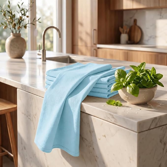 Urban Villa Kitchen Towels 100% Cotton Dish Towels for Kitchen(Set of 6) 20”x30” Dish Cloths Highly Absorbent Kitchen Linen Set with Hanging Loop Perfect for Drying Dishes Cleaning Hand Towels – Aqua
