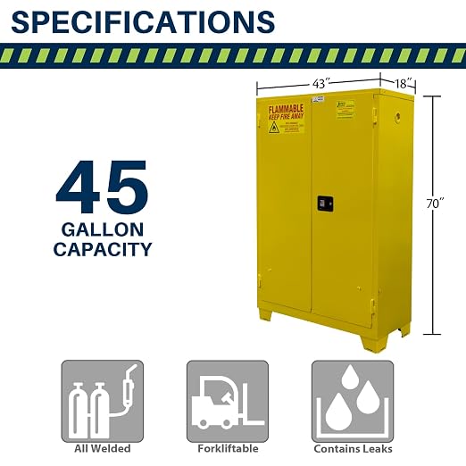 Jamco 45 Gallon Steel Flammable Safety Cabinet, Manual Doors, Yellow | Forkliftable 18-Ga, Safety Cabinet, 2 Adjustable Shelves, 43"Wx18"Dx70"H, Lockable Manual-Close Doors, Osha & Fm Certified