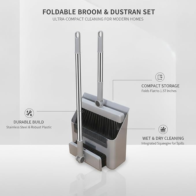 Foldable Broom and Dustpan Set with Squeegee, Stainless Steel Handle Cleaning Tool for Debris and Spills, Compact Storage for Bathroom and Kitchen