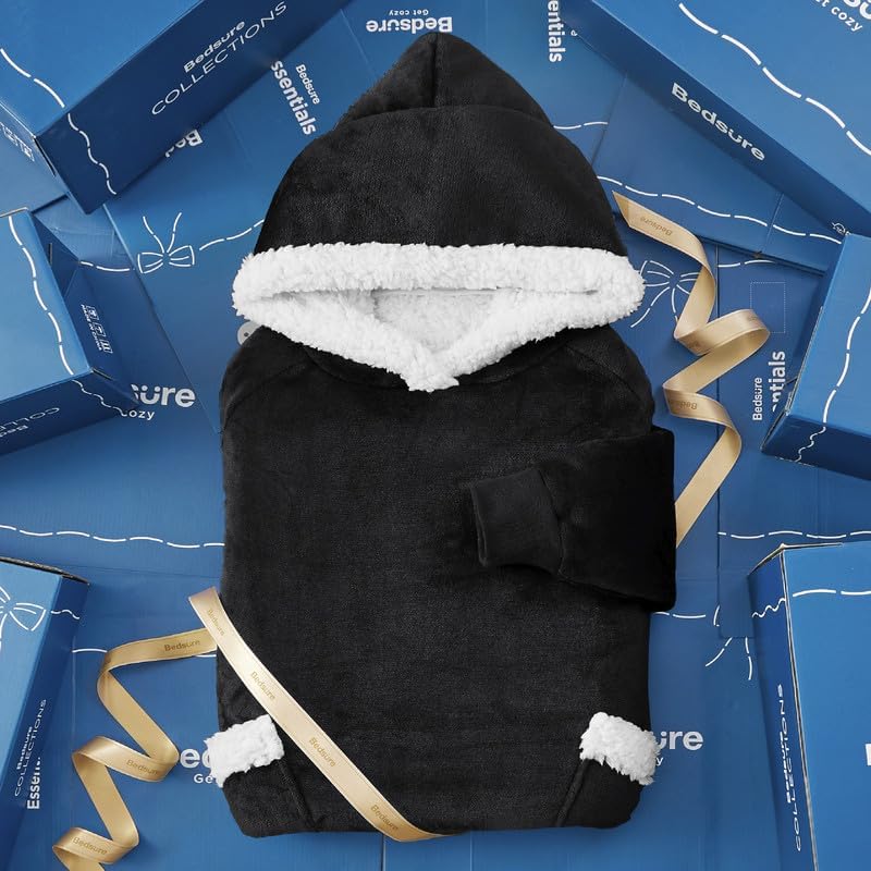 Bedsure Wearable Blanket Hoodie, Long Hooded Blanket Sweatshirt as Birthday Gifts for Women, Cozy Sherpa Hoodie for Adult, Standard, Black