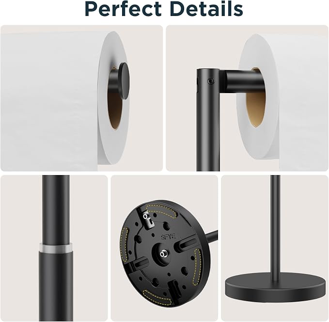 FORIOUS Toilet Paper Holder Stand Adjustable, Stainless Steel Freestanding Toilet Paper Holder with Storage, Bathroom Tissue Roll Stand Storage for 4 Rolls, Matte Black