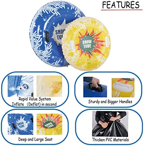 Snow Tube for Winter Sports, Inflatable Snow Tubes for Family, Heavy Duty Snow Sled for Adults, and Snow Toy for Kids with 2 Higher Handles, 48 and 37 Inch Snowflake Snow Tubes (2 Pack)