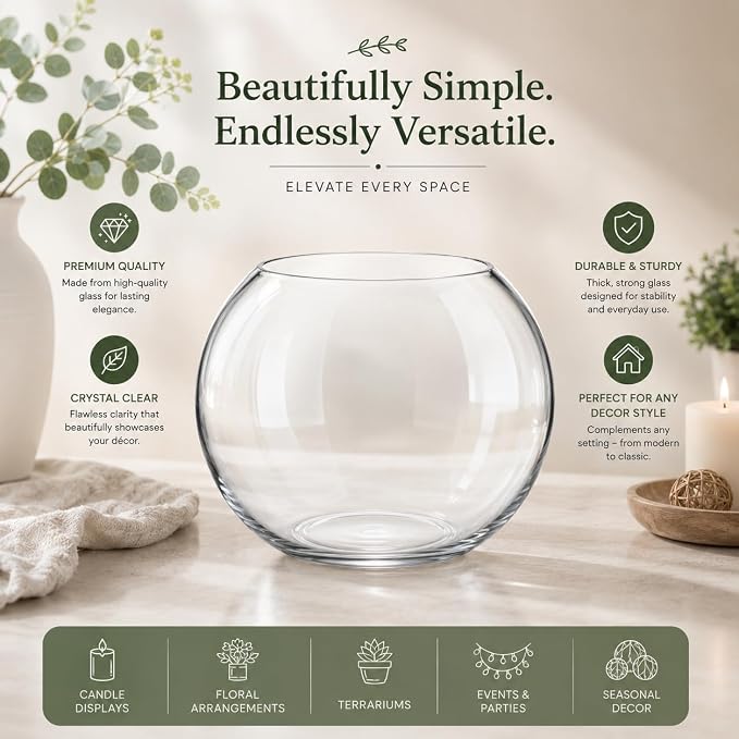 Glass Bubble Vase, 8" Height x 10" Width Glass Fish Bowl, Bubble Bowl for Terrarium, Flower Centerpiece