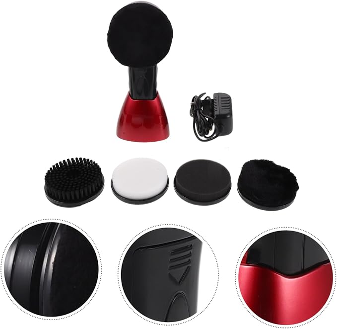 Electric Shoe Polishing Brush Kit with Replacement Brush Head | 710 Red Dual Power, Fiber Sponge Plastic Build, Office and Home Use, Portable Design with Interchangeable Heads