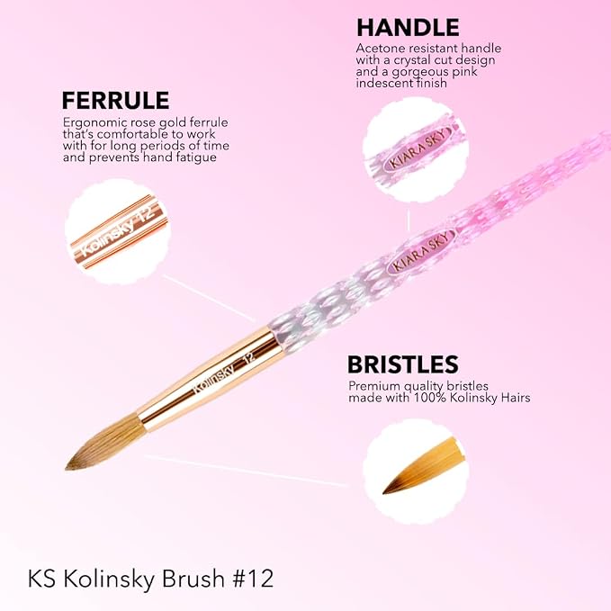 Kiara Sky Kolinsky Acrylic Nail Brush #12 – Pure Kolinsky Sable Hair, Pink Crystal Handle, Acetone Resistant, for Acrylic Application, Extensions & 3D Nail Ar
