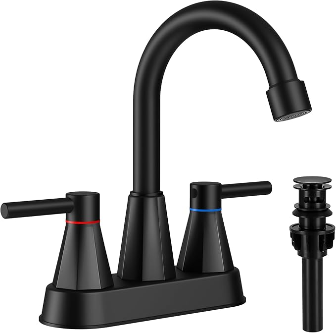 Bathroom Faucet 3 Hole Matte Black, 4 Inch Bathroom Sink Faucet Centerset with Pop Up Drain, Double Handle Vanity Faucet 3 Hole with 360° Swivel Spout, Rv Bathroom Sink Faucet