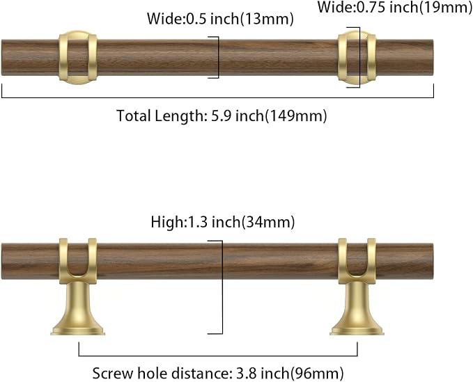 Asidrama 10 Pack 3.75 Inch(96mm) Wood and Gold Cabinet pulls Kitchen Cabinet Handles, Cabinet Pulls Kitchen Cabinet Hardware for Cupboard Drawer Pulls